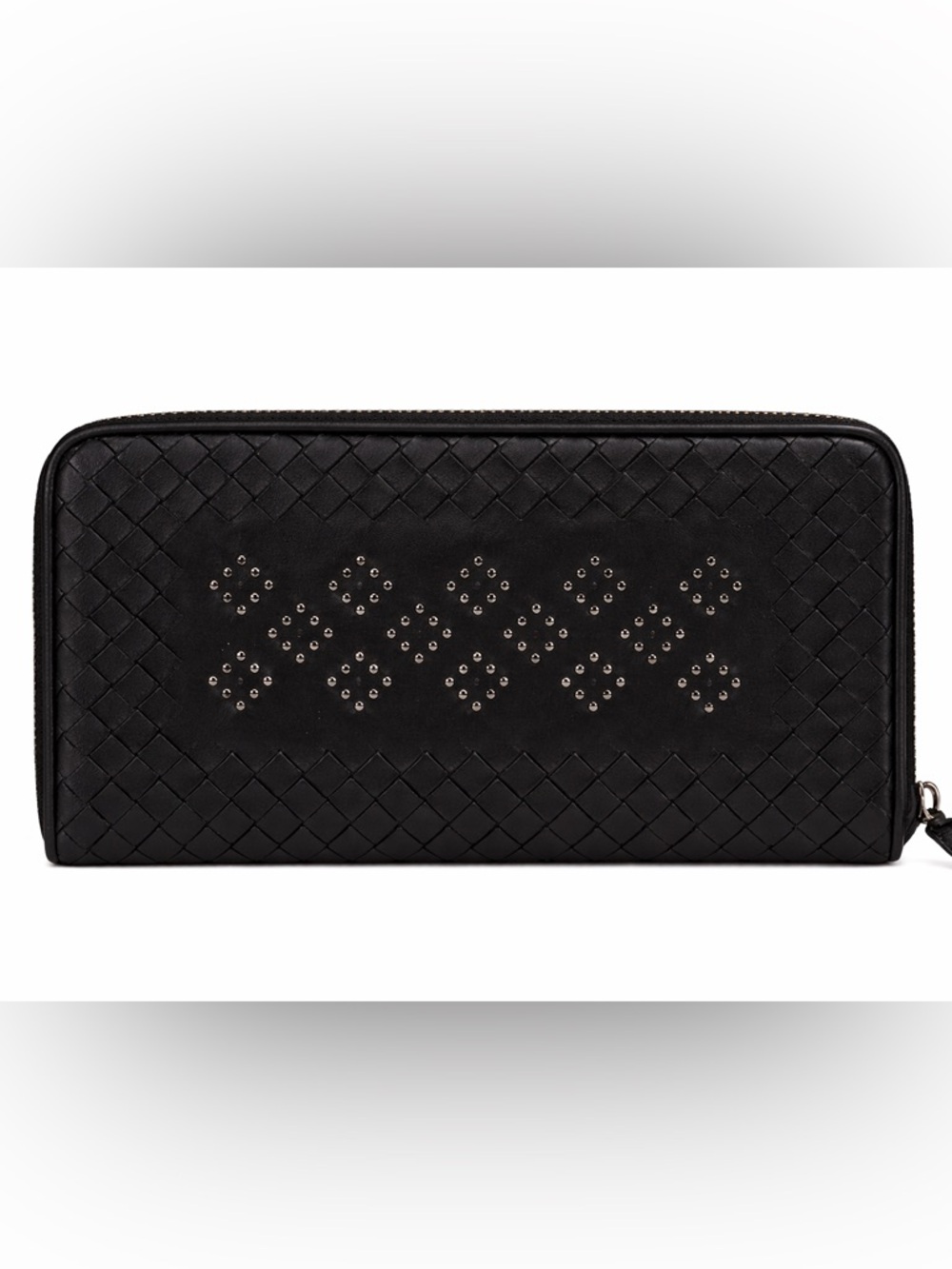 Bottega Veneta Zip Around Wallet Intrecciato‎ Stud Detail Black Leather Long